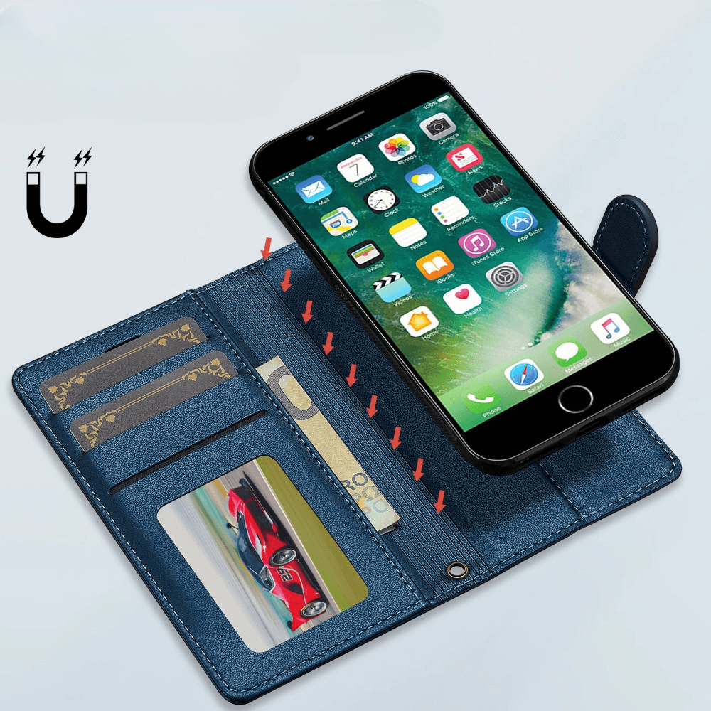 Die LC.IMEEKE iPhone SE/8/7-Brieftaschenhülle in Blau verfügt über ein abnehmbares 2-in-1-Design mit Kartenfächern und einem Autobild, gesichert durch einen Magnetverschluss mit der Aufschrift „U“.