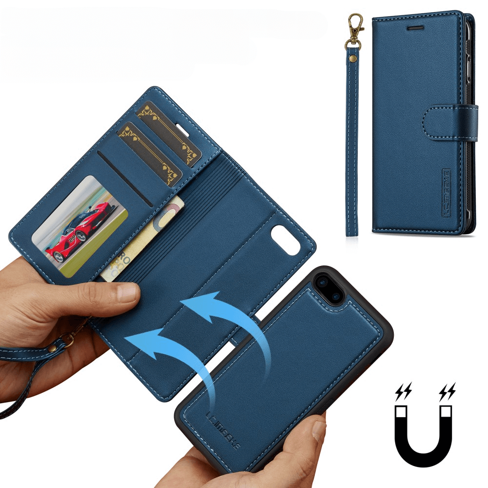Die LC.IMEEKE-Telefon-Brieftaschenhülle für das iPhone SE/8/7 verfügt über ein 2-in-1-Design mit Kartenfächern, Magnetverschluss, abnehmbarem Riemen und Kompatibilität mit kabellosem Laden. Sie ist offen und geschlossen abgebildet.