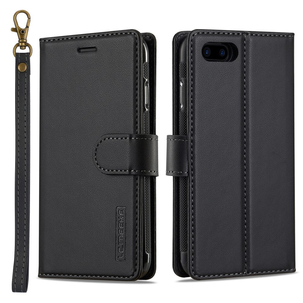 Die 2-in-1-Handyhülle LC.IMEEKE Teilbare Brieftasche aus schwarzem Leder für das iPhone SE/8/7 hat genähte Kanten und eine abnehmbare Handschlaufe und präsentiert sich elegant sowohl im offenen als auch im geschlossenen Design für Stil und Komfort.