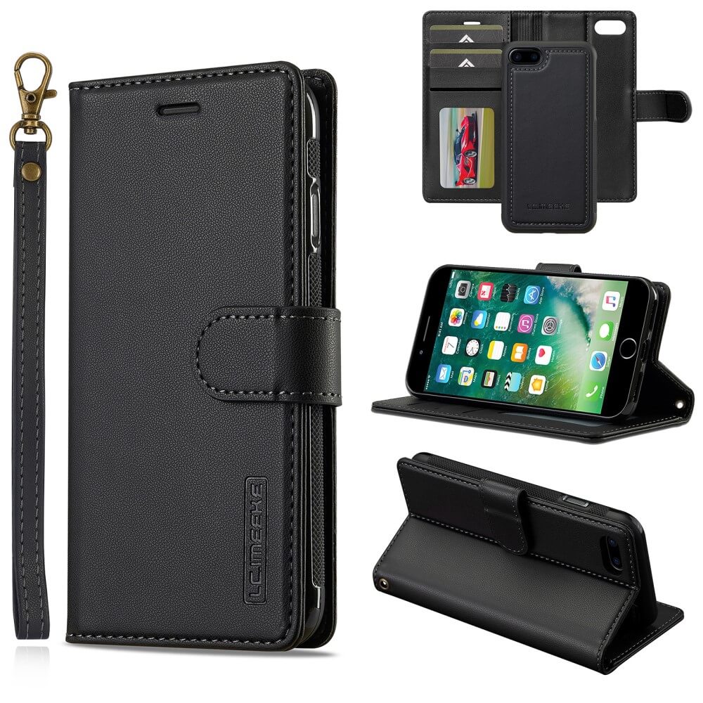 Die LC.IMEEKE 2-in-1-Brieftaschenhülle aus schwarzem Leder für das iPhone SE/8/7 verfügt über eine Handschlaufe, Kartenfächer, eine Standfunktion und unterstützt kabelloses Laden. Geöffnet und geschlossen dargestellt.
