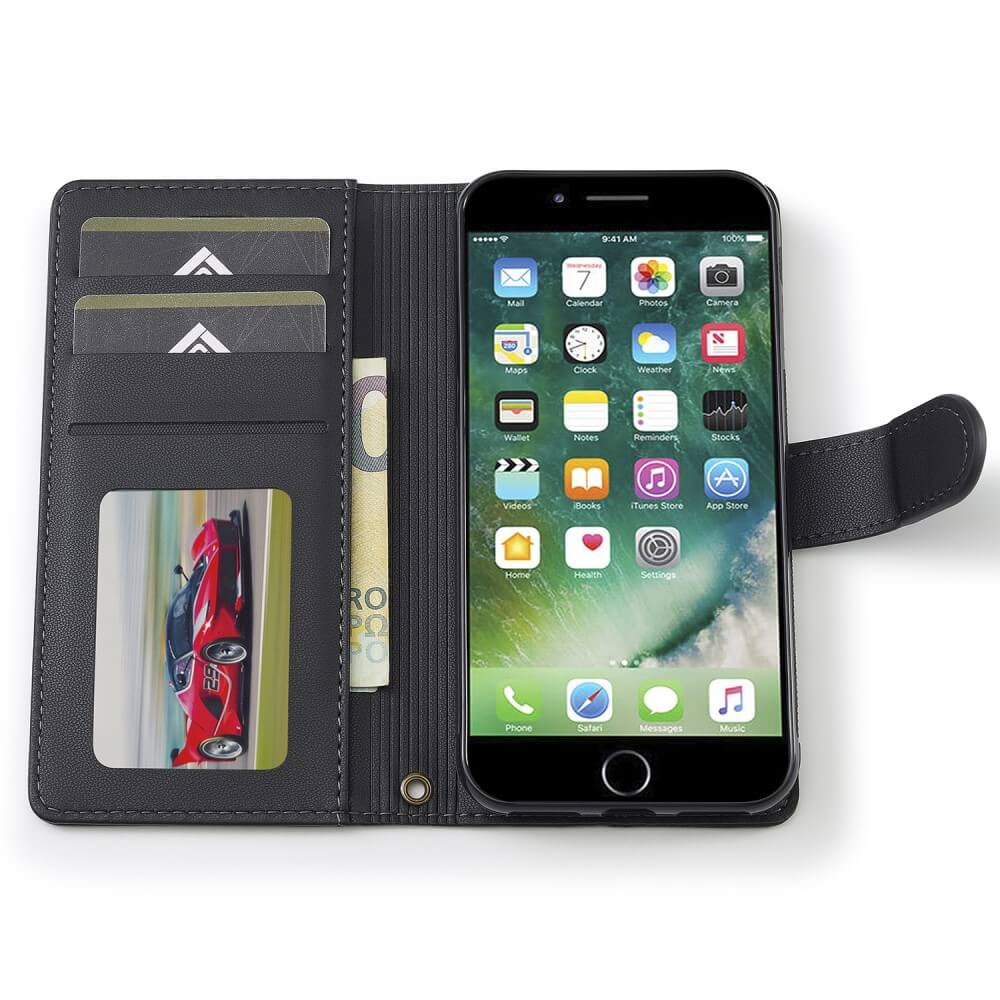 Die offene schwarze LC.IMEEKE 2-in-1-Brieftaschenhülle für das iPhone SE/8/7 bietet Platz für Karten, Bargeld und ein Smartphone mit App-Symbolen. Sie unterstützt kabelloses Laden für maximalen Komfort.