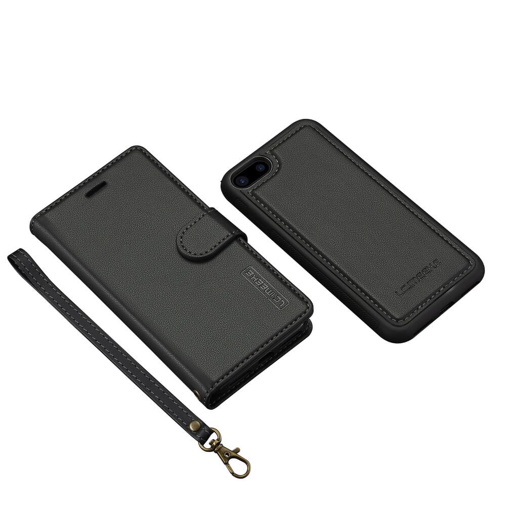 LC.IMEEKE iPhone SE / 8 / 7 Handyhülle, Teilbare Brieftasche mit 2-in-1-Design und abnehmbarem Riemen, vorne und hinten betrachtet.