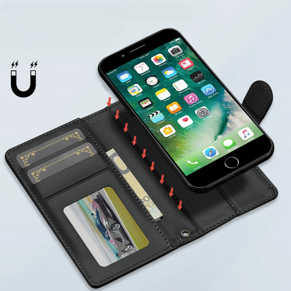 Die LC.IMEEKE iPhone SE/8/7-Hülle ist eine schwarze Telefonhülle im Brieftaschenstil mit Kartenfächern und Magnetverschluss, die in ihrem 2-in-1-Design mühelos Stil und Funktion vereint.