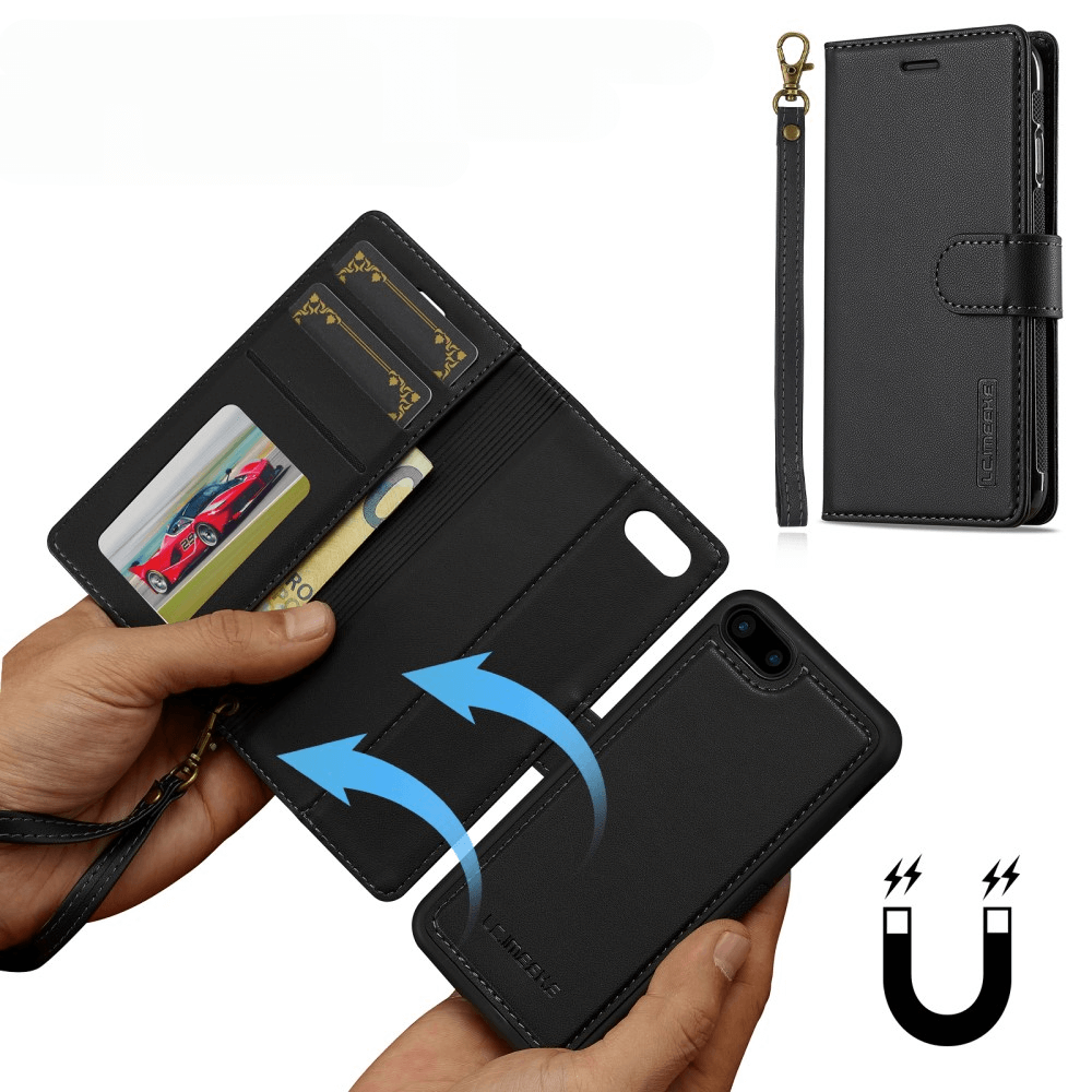 Hände halten LC.IMEEKE – schwarze Leder-2-in-1-Handyhülle für das iPhone SE/8/7 mit Kartenfächern, Magnetverschluss und Handschlaufe.
