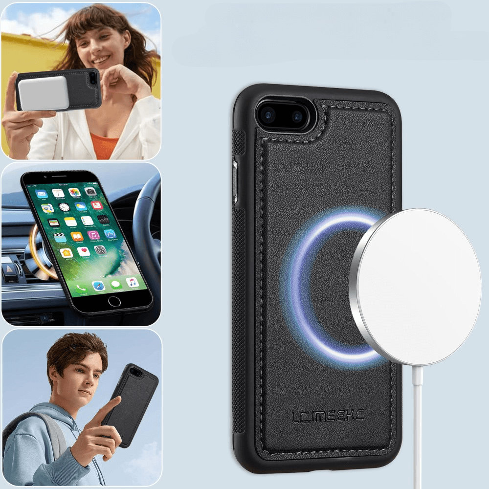 Die LC.IMEEKE iPhone SE/8/7 Brieftasche 2-in-1-Handyhülle verfügt über ein integriertes MagSafe-Ladegerät, ermöglicht nahtloses kabelloses Laden und lässt sich in der Hand und im Auto aus verschiedenen Winkeln präsentieren.