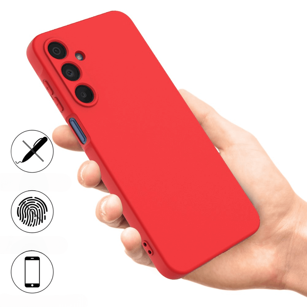 Eine Hand hält ein rotes Galaxy A16 in der Cover-Discount Silikon Gummi Hülle mit Riemen, mit drei Kameralinsen, Fingerabdruckschutz und einer strapazierfähigen TPU-Schutzhülle.