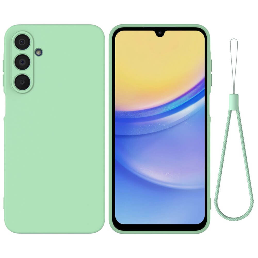 Ein mintgrünes Galaxy A16-Smartphone mit einer Cover-Discount Galaxy A16 Silikon-Gummihülle mit Riemen, Handschlaufe und einem farbenfrohen Display.