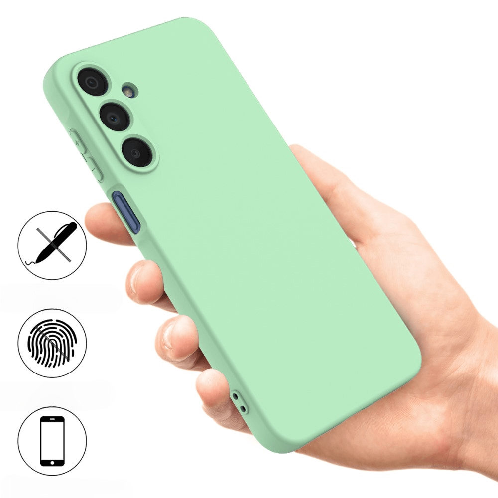 Eine Hand hält ein mintgrünes Cover-Discount Galaxy A16 - Silikon Gummi Hülle mit Riemen, kratzfest und anti-fingerprint für optimalen Telefonschutz.