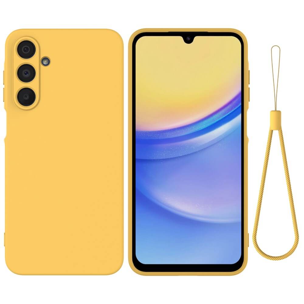 Die Cover-Discount Galaxy A16 Silikon Gummi Hülle mit passendem Riemen in Gelb wird hier mit eingesetztem Handy und Rückansicht der strapazierfähigen Schutzhülle gezeigt.