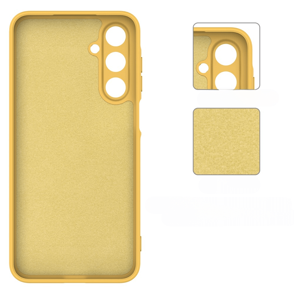 Cover-Discount Galaxy A16 - Silikon Gummi Hülle mit Riemen in Gelb aus strukturiertem TPU, passend für drei Kameras. Strapazierfähige Schutzhülle mit stylischem Design, Rückansicht und Detailaufnahmen.