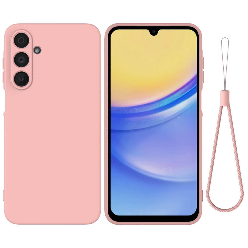 Das Bild zeigt das Galaxy A16 mit der Cover-Discount Silikon Gummi Hülle mit Riemen in Pink, inklusive passender Wrist Strap, von vorne und hinten.