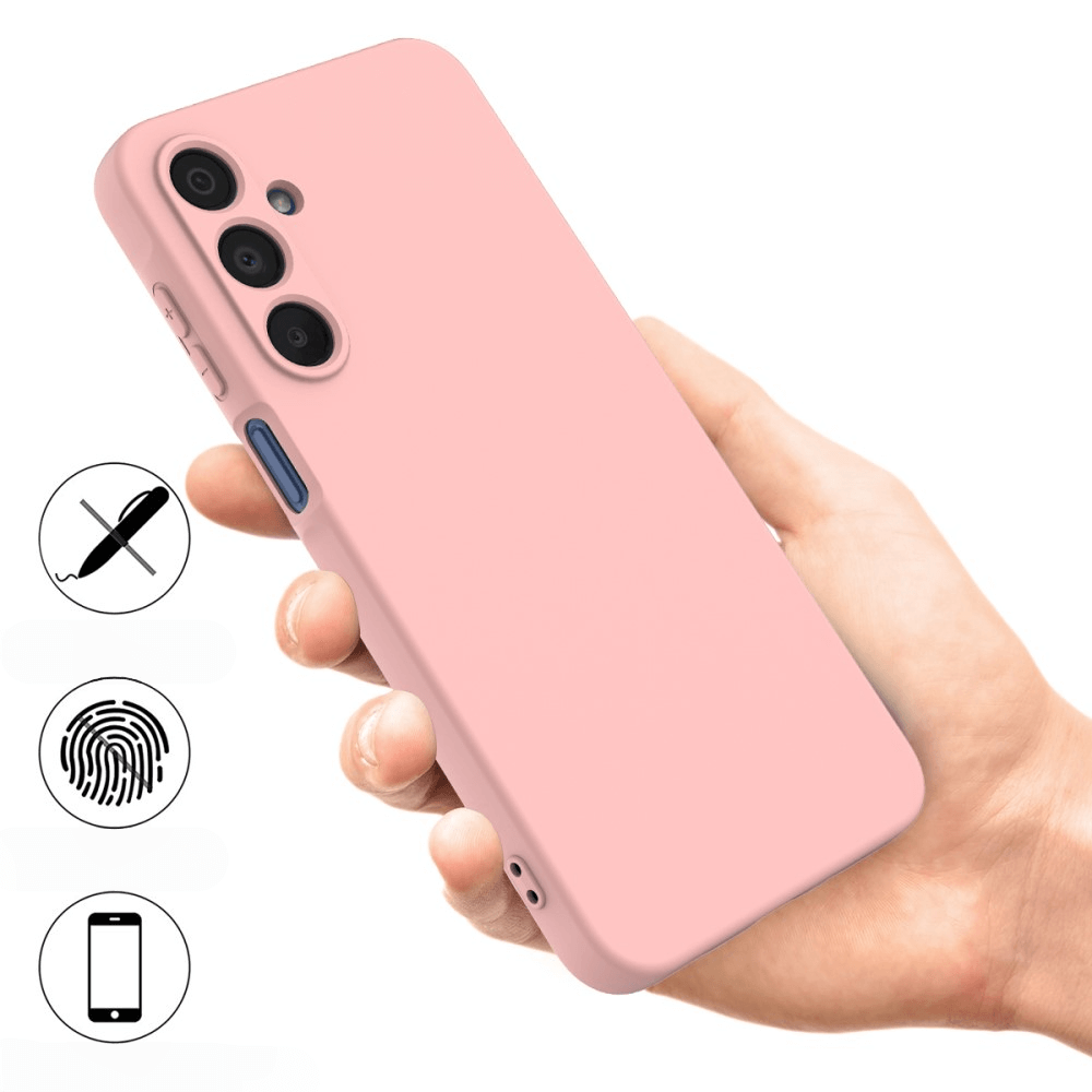 Eine Hand hält die rosafarbene Galaxy A16 - Silikon Gummi Hülle mit Riemen von Cover-Discount, featuring TPU Strapazierfähige Schutzhülle mit Anti-Rutsch-, Anti-Fingerprint- und Displayschutz.