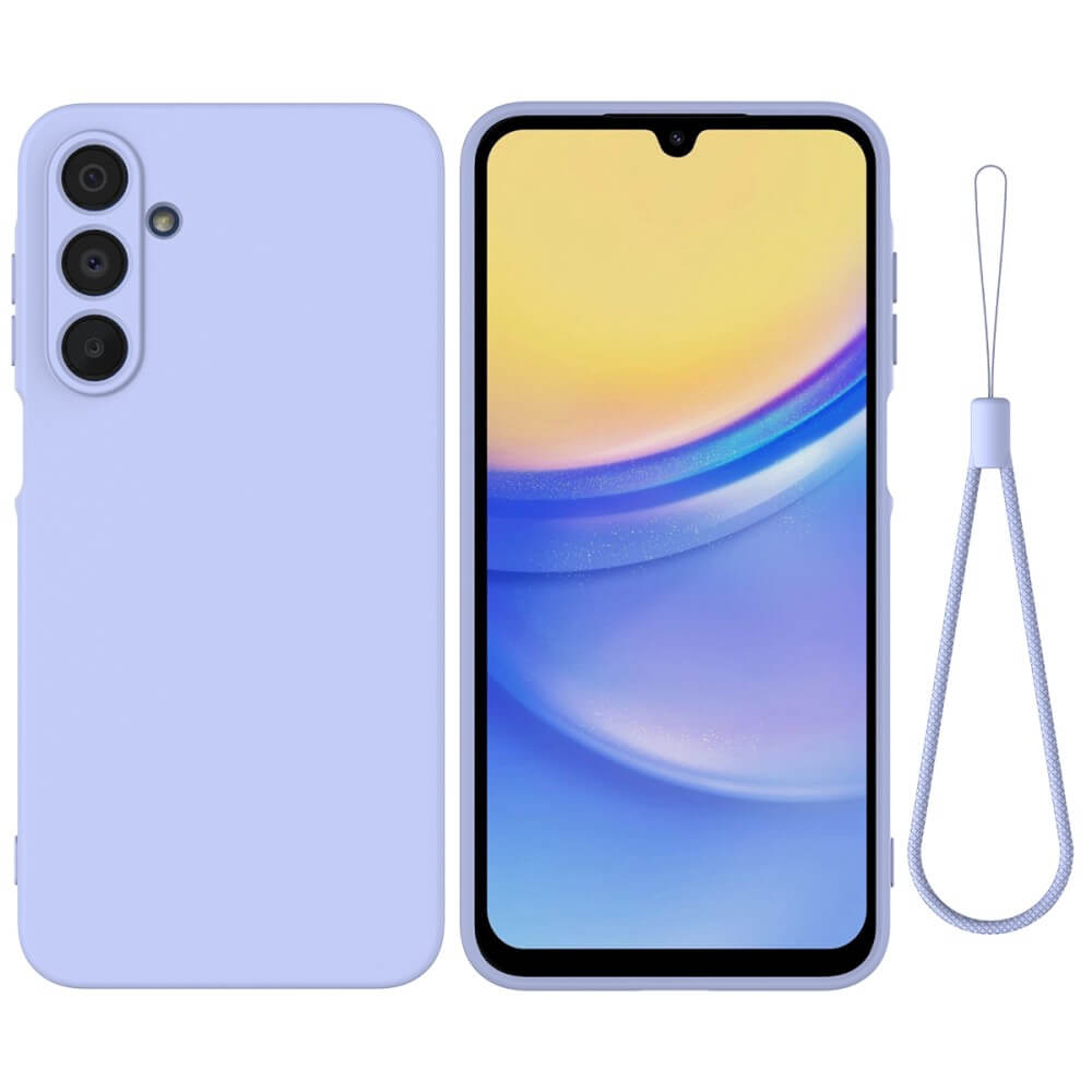 Die Cover-Discount Galaxy A16 - Silikon Gummi Hülle mit Riemen in hellviolett bietet strapazierfähigen Schutz und kommt mit passendem Band, gezeigt am Galaxy A16 mit buntem Display.
