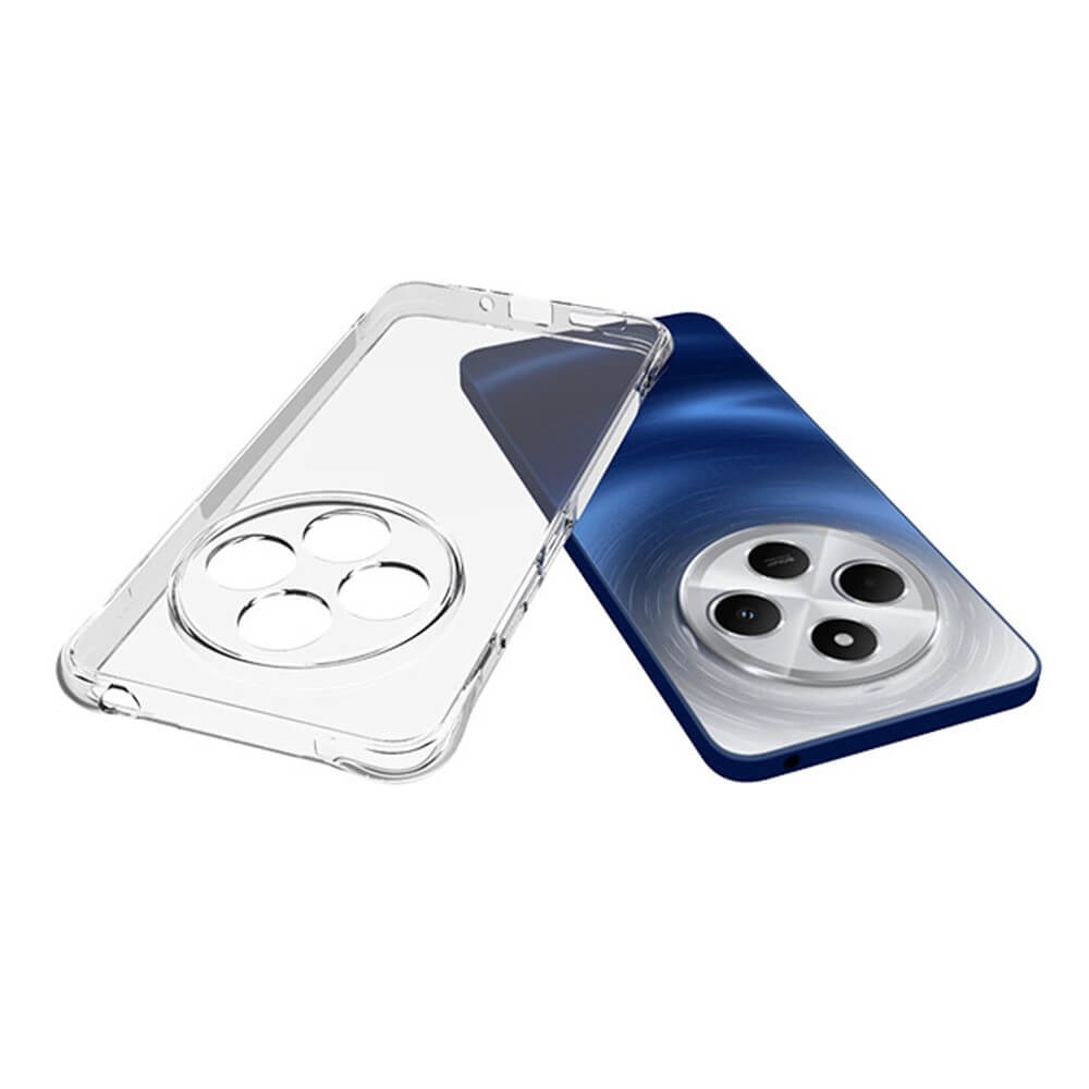 Das Drop Protection Silikon Case von Cover-Discount für Xiaomi Redmi 14C / Poco C75 wird neben einem blauen Redmi 14C mit dreifacher Rückkamera in einem kreisförmigen Modul gezeigt.