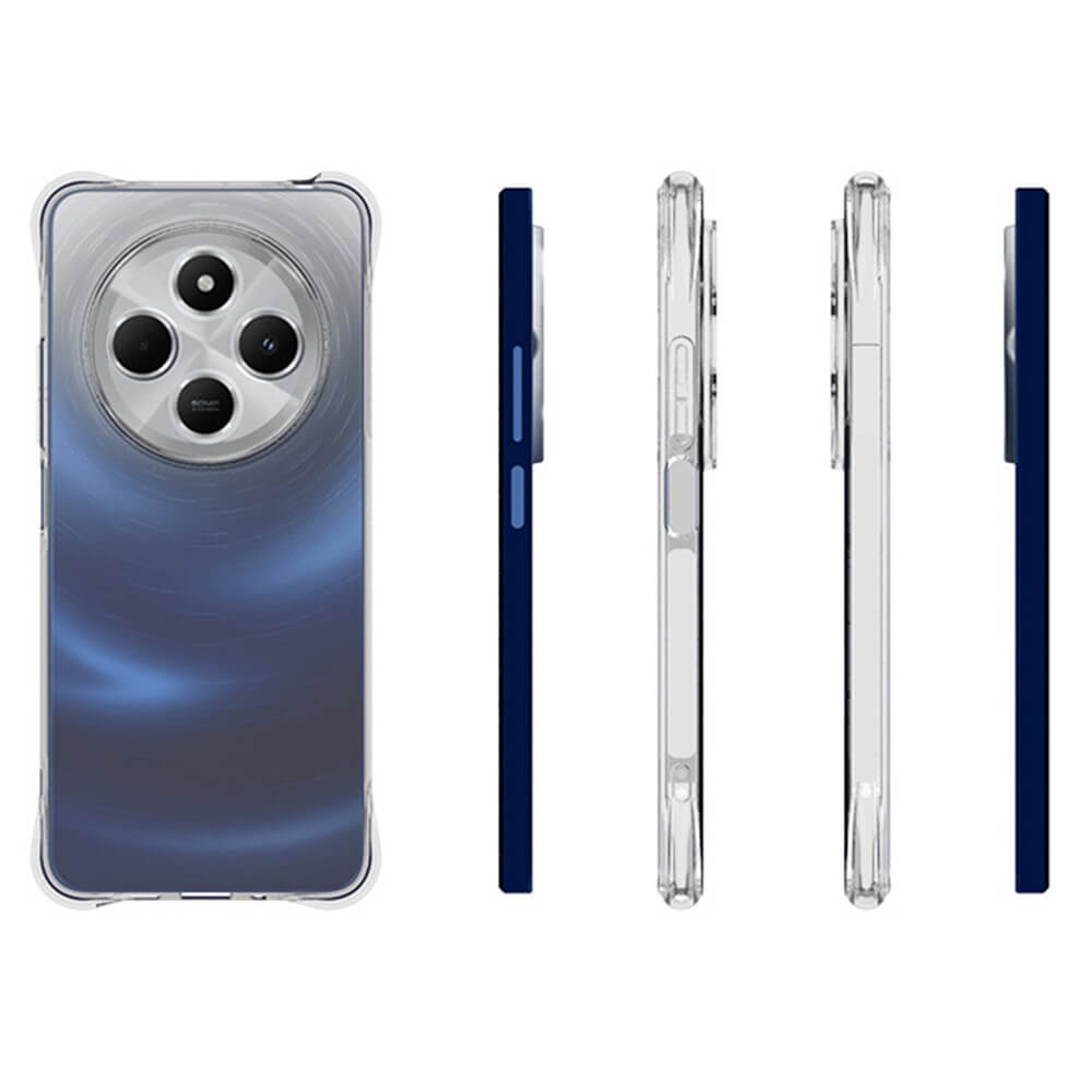 Das Cover-Discount Drop Protection Silikon Case für Xiaomi Redmi 14C / Poco C75 in Blau wird von hinten, von der Seite und von vorne gezeigt, hebt vier Rückkameras hervor und bietet zuverlässigen Fallschutz.