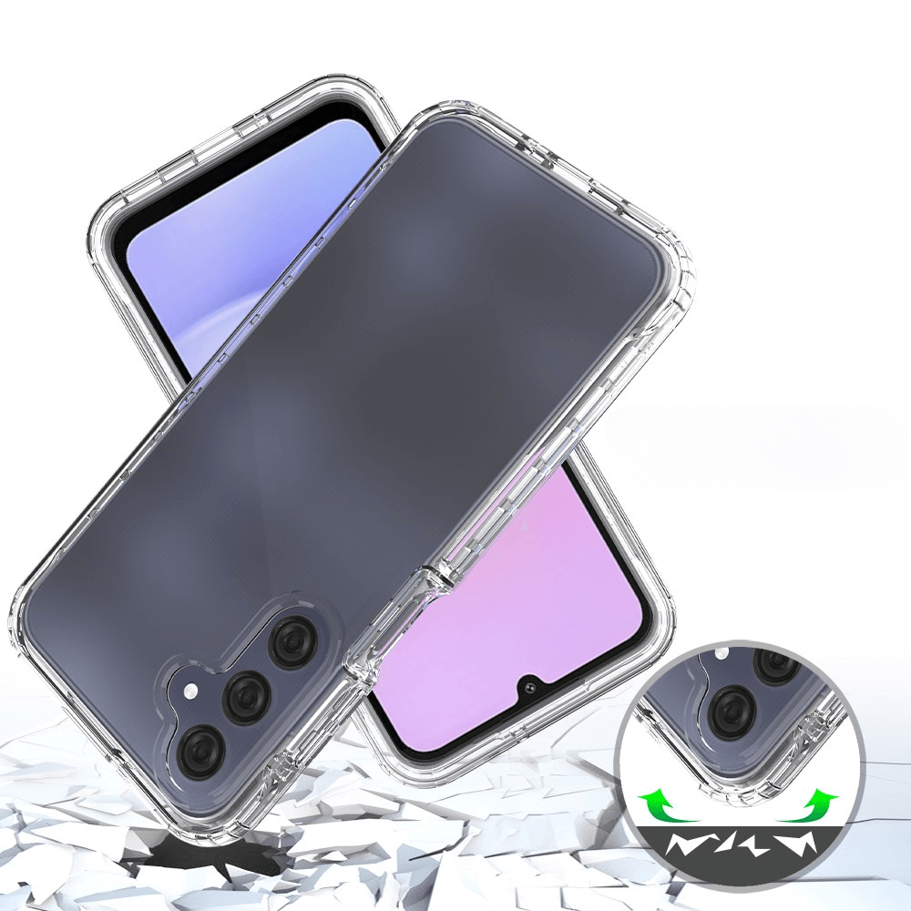 Zwei Galaxy A16 Smartphones in der stoßfesten Hybrid-Handyhülle von Cover-Discount auf rissiger Oberfläche, die dank Stoßdämpfung optimalen Schutz bietet. Ein grünes Pfeilsymbol unterstreicht die Robustheit dieser Premium-Hülle.