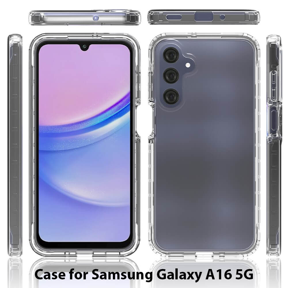 Die Cover-Discount Galaxy A16 - Stossfeste Hybrid Handyhülle schützt Display und Kamera zuverlässig und wird aus verschiedenen Perspektiven präsentiert.