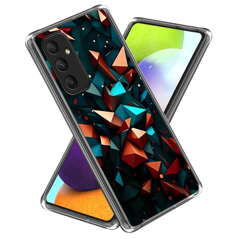 #farbe_geometric-illusion|Zwei Galaxy A35 Smartphones in stylischen Cover-Discount Handyhüllen mit bunten geometrischen Motiven und abstrakten 3D-Formen, Bildschirme nach außen gerichtet.