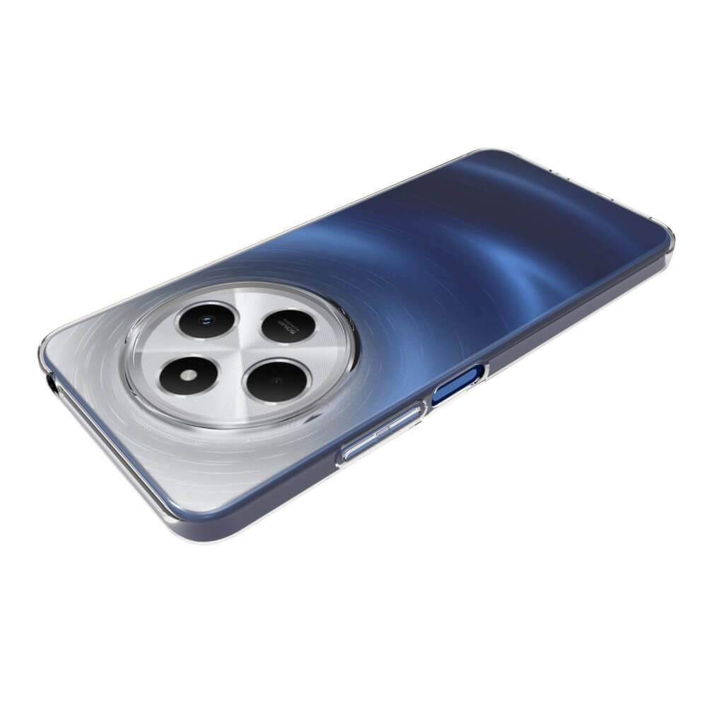 Das Cover-Discount Xiaomi Redmi 14C / Poco C75 Klares TPU Backcover mit Anti-Fingerprint-Beschichtung ist auf einem blauen Smartphone mit einem kreisförmigen Dreifachkameramodul abgebildet, das auf einer weiĂen OberflĂ€che platziert ist.