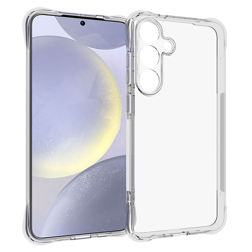 Das Cover-Discount Galaxy S25+ Plus – Drop Protection Silikon Case wird neben einem Galaxy S25+ Plus Smartphone mit einem lila-gelben abstrakten Hintergrundbild gezeigt.