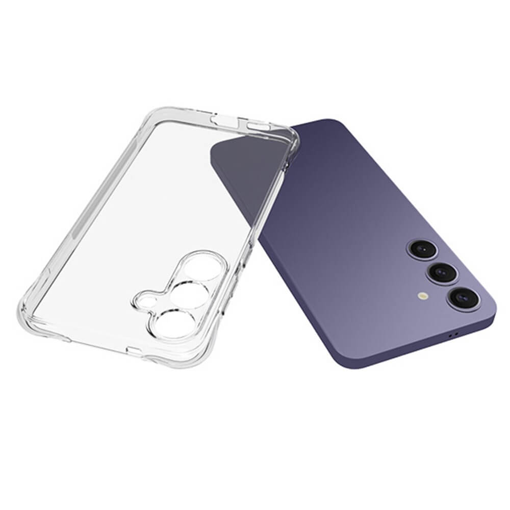 Ein Cover-Discount Galaxy S25+ Plus - Drop Protection Silikon Case aus transparentem TPU liegt neben einem lila Galaxy S25+ Plus Smartphone mit drei Rückkameras.