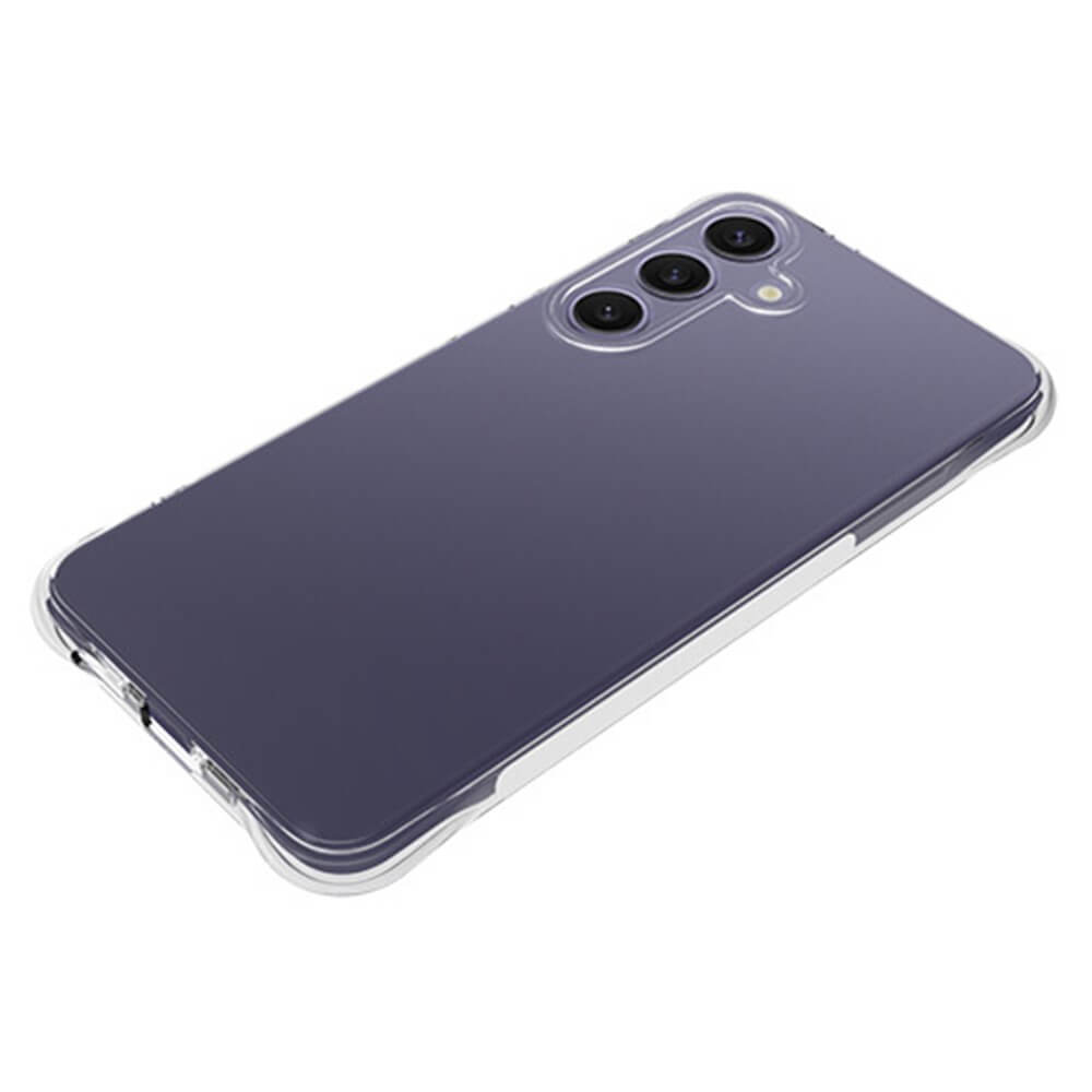 Abgebildet ist ein schwarzes Galaxy S25+ Plus von Cover-Discount mit dreifacher Rückkamera in einem transparenten Drop Protection Silikon Case, von hinten und von der Seite betrachtet.