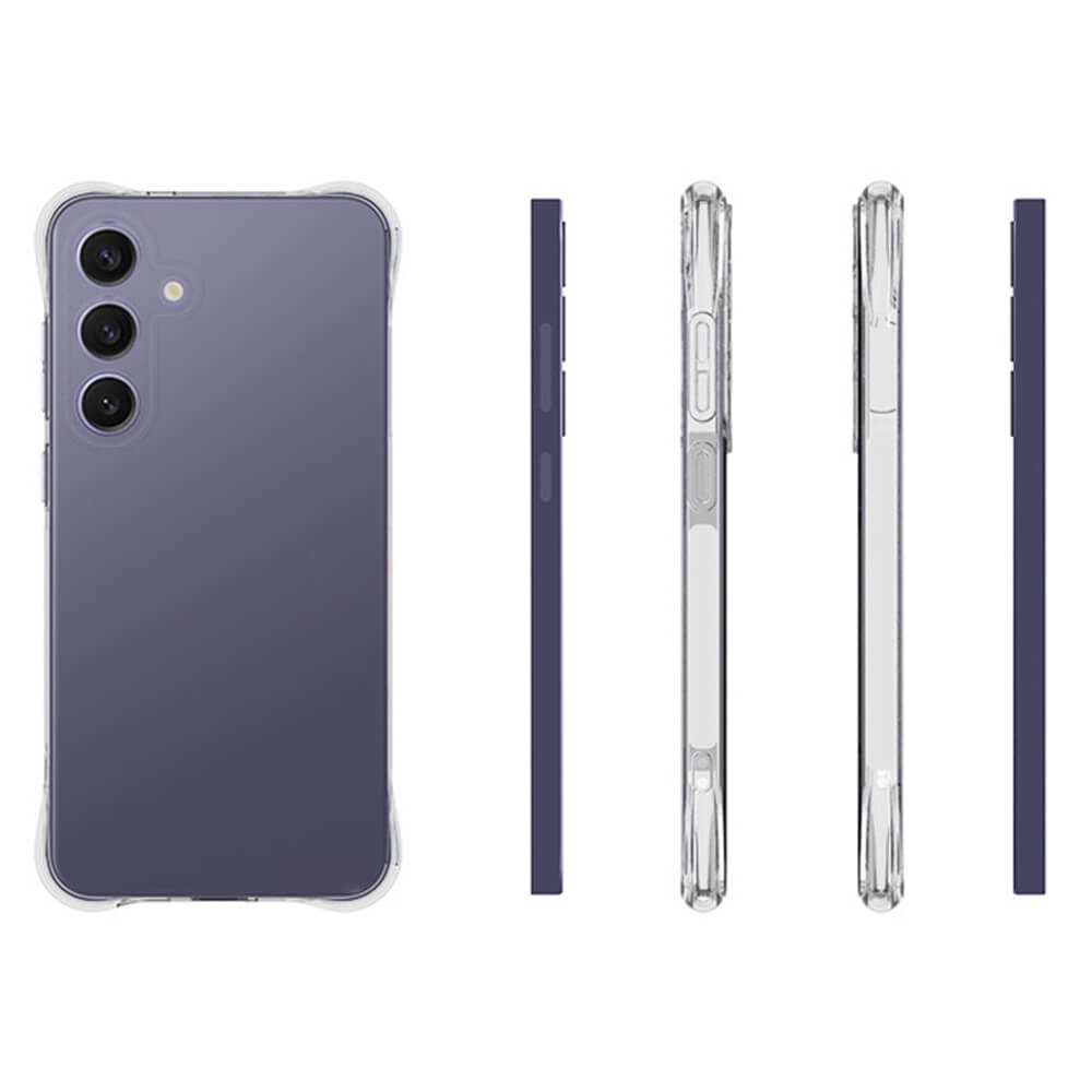 Das Cover-Discount Galaxy S25+ Plus - Drop Protection Silikon Case aus transparentem TPU wird am Smartphone in Rücken- und Seitenansicht vor weißem Hintergrund gezeigt.