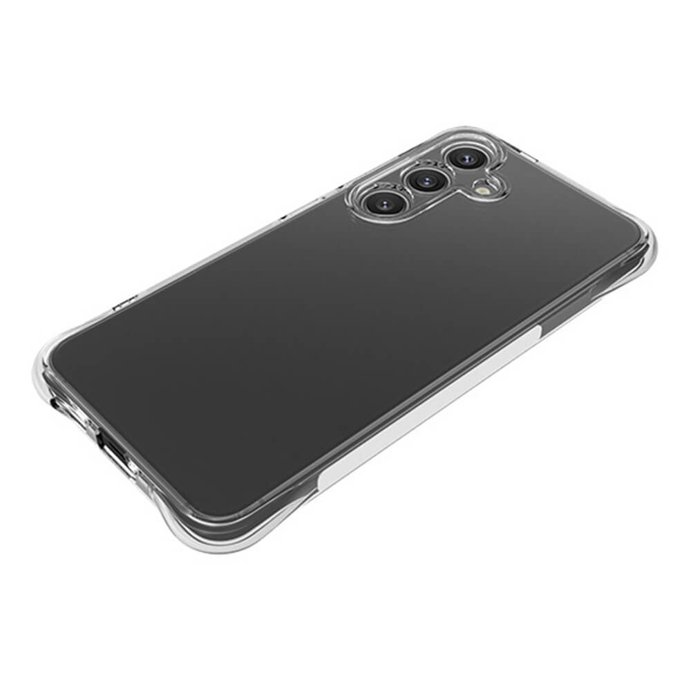 Das Cover-Discount Galaxy S25 - Drop Protection Silikon Case schützt Ihr Smartphone mit drei Rückkameras effektiv vor Stürzen und erhält durch das transparente Design die elegante Optik, gezeigt aus schräger Rückansicht.