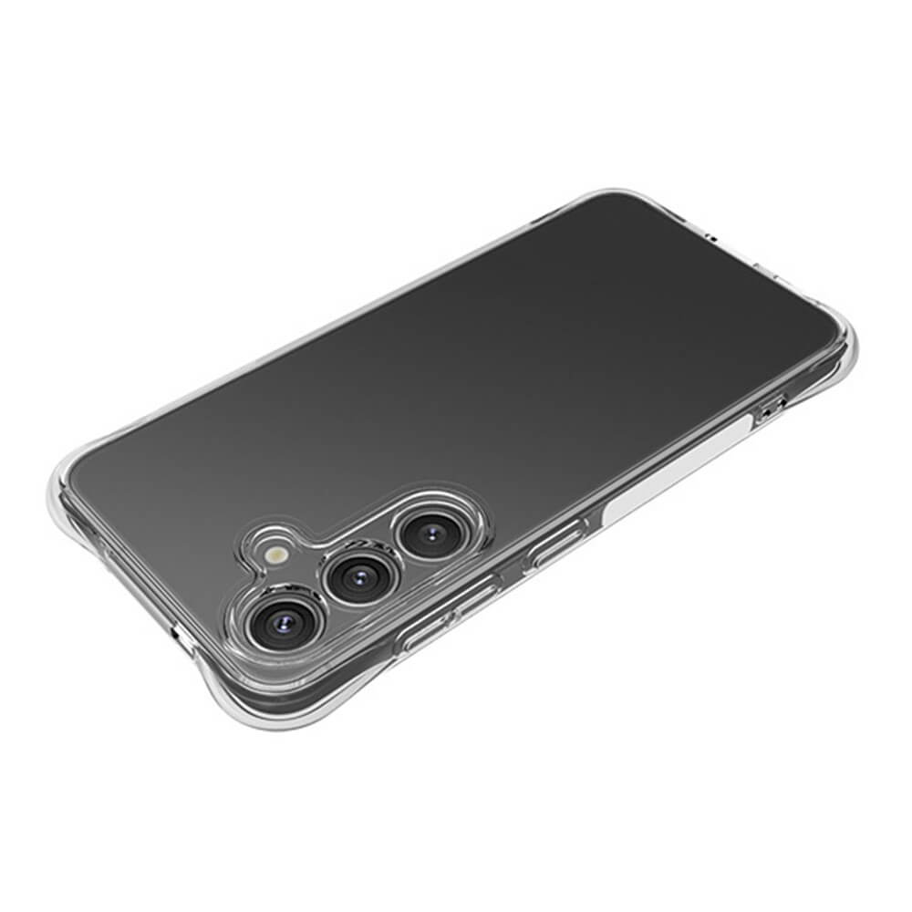 Das Cover-Discount Galaxy S25 - Drop Protection Silikon Case schützt Ihr Telefon vor Stürzen, während das transparente Design die drei hinteren Kameras und die Seitentasten hervorhebt.