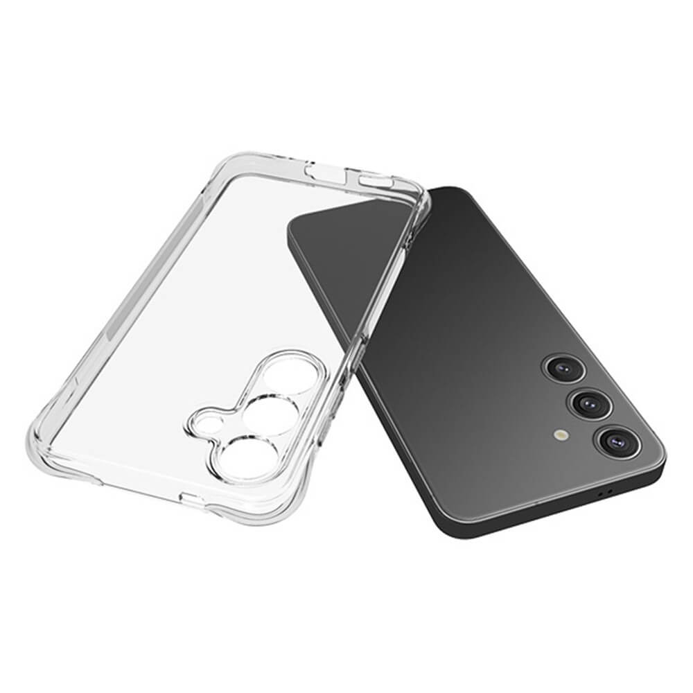 Ein schwarzes Smartphone neben dem Cover-Discount Galaxy S25 – Drop Protection Silikon Case, einer transparenten Silikonhülle mit Kameraaussparungen, die zuverlässigen Fallschutz bietet.