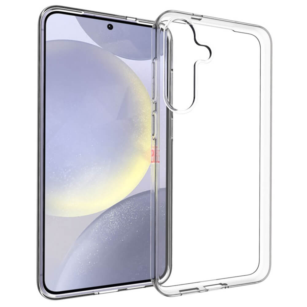 Neben einem Galaxy S25+ Plus mit einem hellen abstrakten Hintergrundbild auf dem Bildschirm wird eine transparente Silikongummihülle von Cover-Discount mit Antifingerabdruckschutz gezeigt.