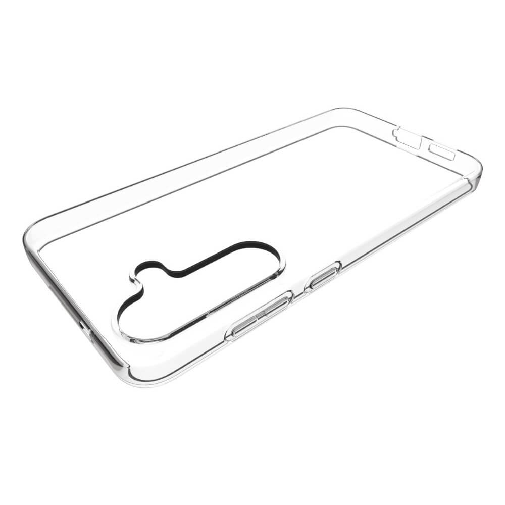 Das transparente Silikon-Gummi-Case von Cover-Discount für das Galaxy S25+ Plus bietet präzise Aussparungen für Kamera, Tasten und Anschlüsse sowie Schutz vor Fingerabdrücken. Auf weißem Hintergrund abgebildet.
