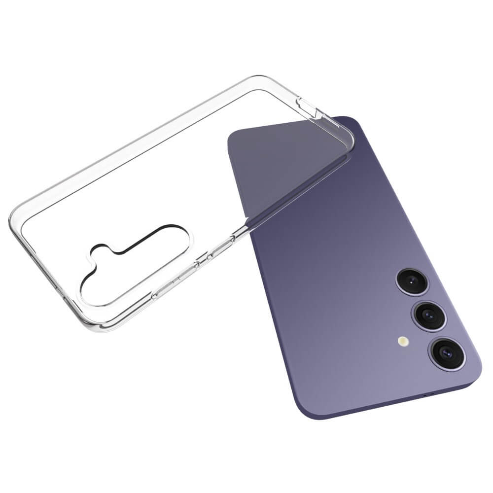 Ein transparentes Silikon-Gummi-Case von Cover-Discount wird neben einem lila Galaxy S25+ Plus mit dreifacher Rückkamera gezeigt.