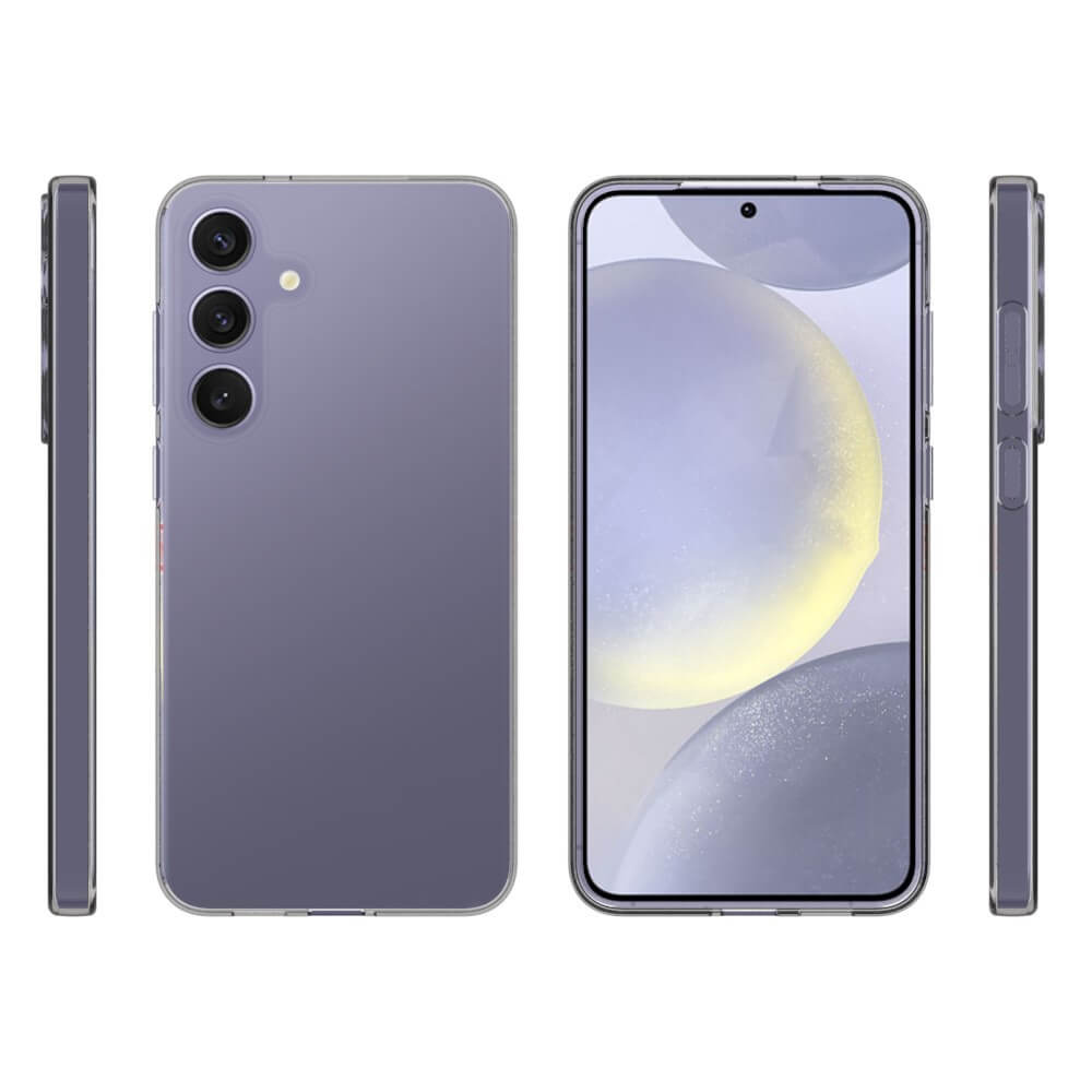 Das Cover-Discount Galaxy S25+ Plus ist auf der Vorder-, Rückseite und den Seiten mit einer transparenten Silikon-Gummi-Hülle mit Anti-Fingerabdruck-Schutz vor weißem Hintergrund versehen.