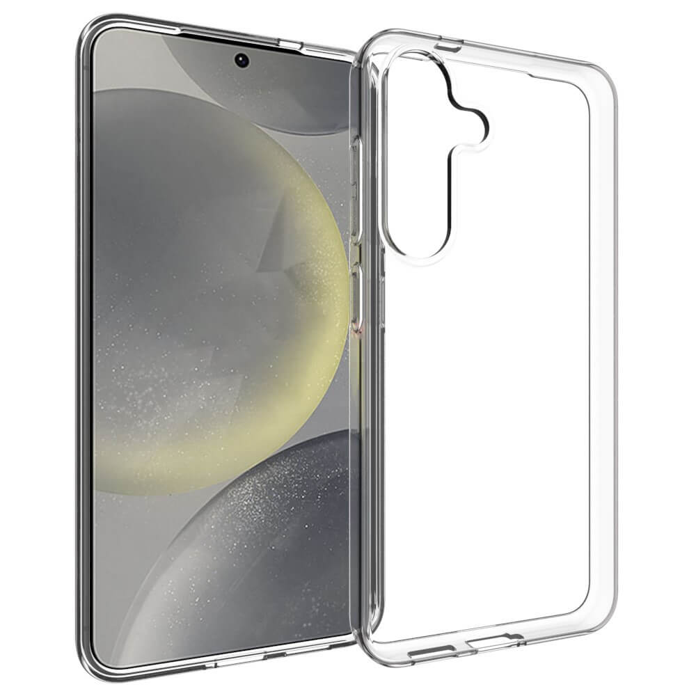 Das transparente Cover-Discount Galaxy S25 – Silikon Gummi Case mit Antifingerprint-Schutz wird neben einem Galaxy S25 mit einem abstrakten Hintergrundbild in Grau und Gelb gezeigt.