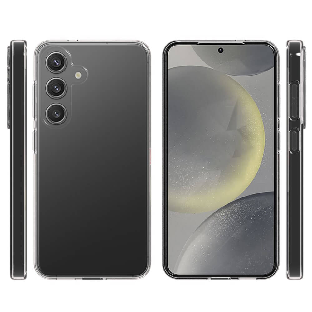 Mit dem transparenten Silikon-Gummi-Case von Cover-Discount mit drei Kameras auf der Rückseite wird ein Galaxy S25 aus allen Winkeln präsentiert.