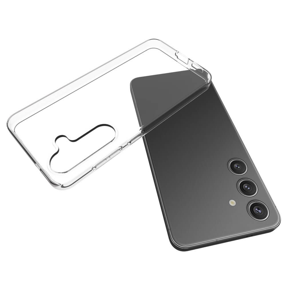 Ein schwarzes Galaxy S25 mit Dreifachkameras steht neben einem transparenten Cover-Discount Galaxy S25 – Silikon Gummi Case, das Anti-Fingerabdruck-Schutz für ein sauberes, wischfreies Telefon bietet.