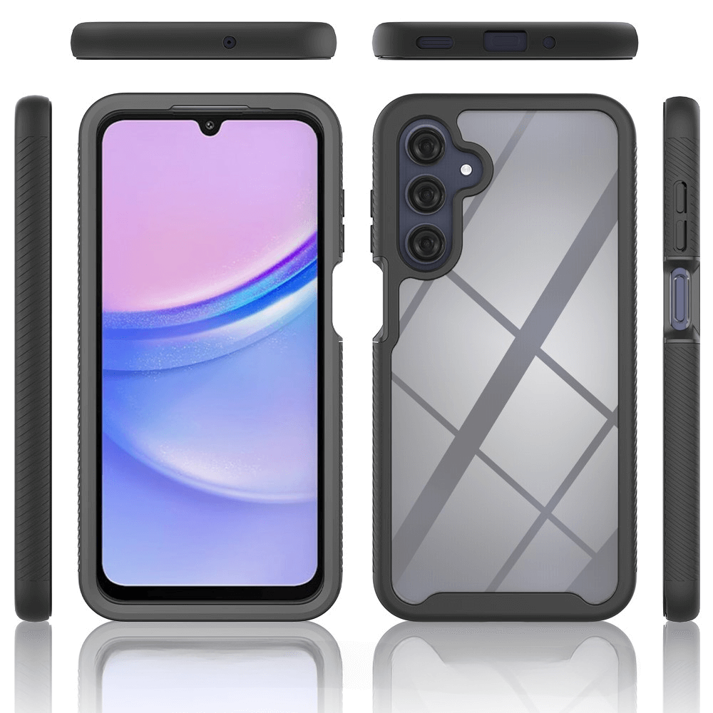 Die Cover-Discount Galaxy A16 – Full Protection Schutzhülle, aus verschiedenen Blickwinkeln gezeigt, besticht durch ein kristallklares Design mit einer durchsichtigen Rückseite und präziser Kameraaussparung.