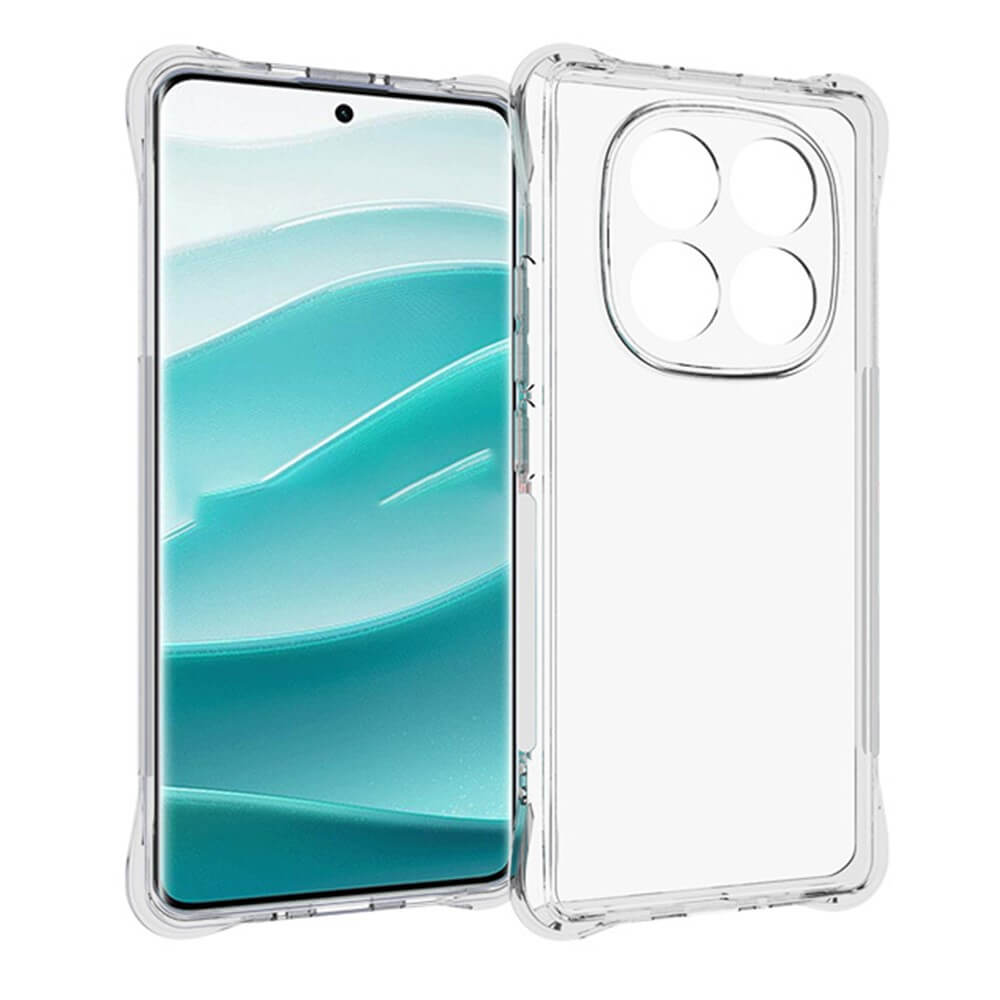 Das Cover-Discount Drop Protection Silikon Case für Xiaomi Redmi Note 14 Pro 5G / Poxo X7 besteht aus transparentem TPU mit einer großen Kameraaussparung und bietet zuverlässigen Smartphone-Schutz und ein elegantes Aussehen, abgebildet neben einem Telefon mit blauem abstraktem Hintergrundbild.