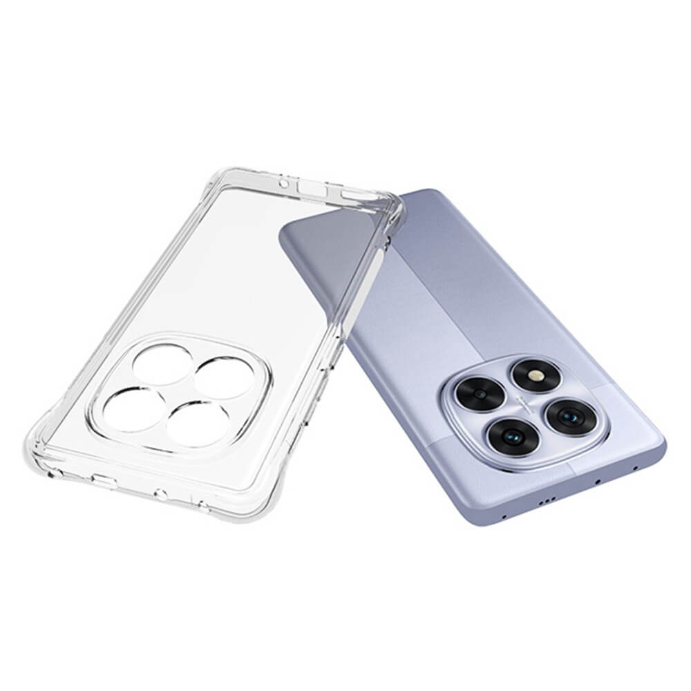 Ein Cover-Discount Drop Protection Silikon Case für Xiaomi Redmi Note 14 Pro 5G / Poxo X7 in Hellviolett, beide mit dreifacher Kameraaussparung und transparentem TPU-Material, sorgt für optimalen Smartphone-Schutz.