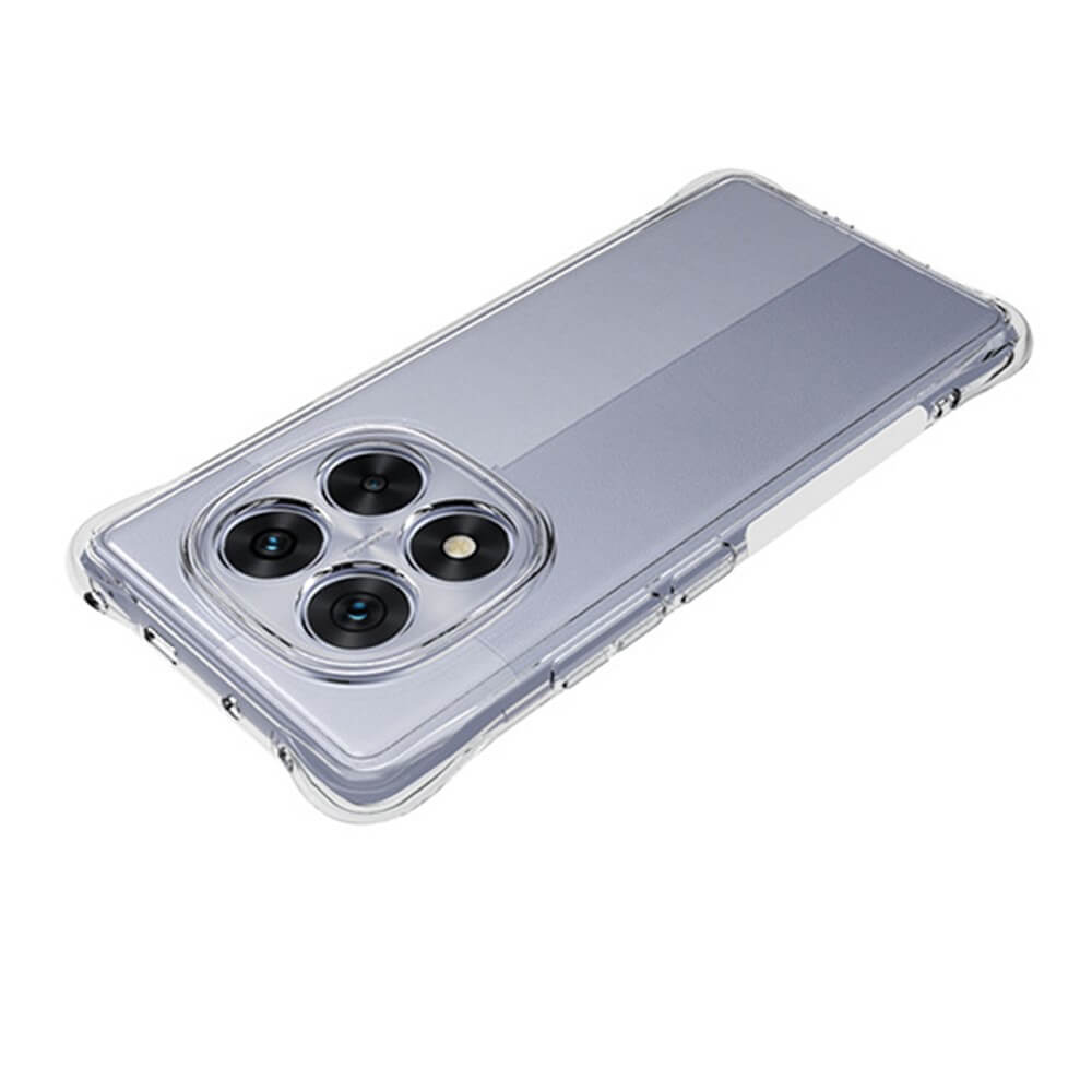 Das Cover-Discount Drop Protection Silikon Case für Xiaomi Redmi Note 14 Pro 5G / Poxo X7 aus transparentem TPU-Material zeigt vier Kameraobjektive auf der Rückseite.