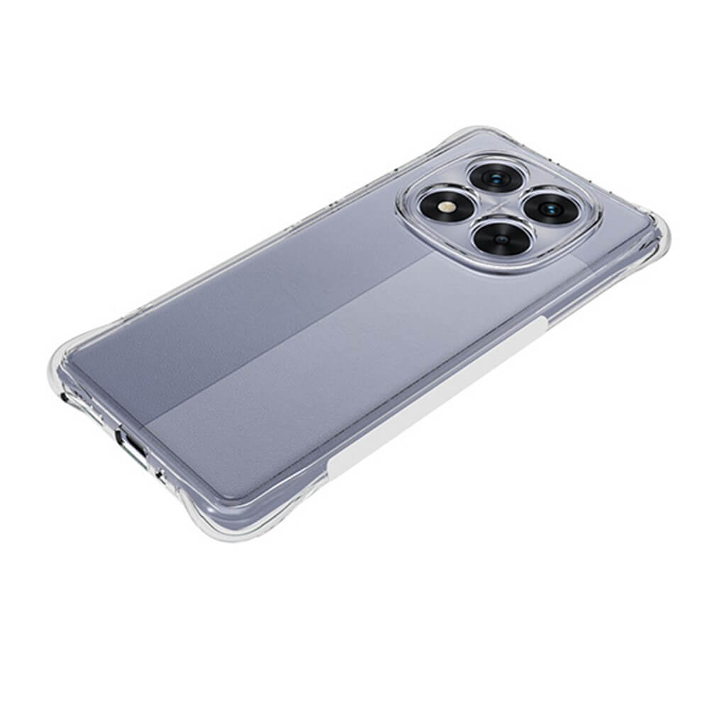 Das Cover-Discount Drop Protection Silikon Case für Xiaomi Redmi Note 14 Pro 5G / Poxo X7 aus transparentem TPU schützt Ihr Telefon und hebt gleichzeitig die drei Rückkameras hervor.