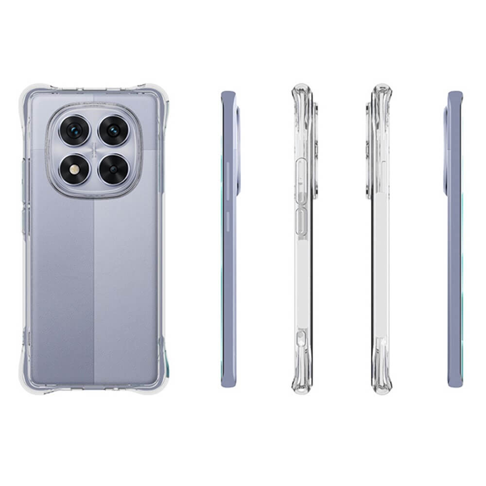 Das Cover-Discount Drop Protection Silikon Case für Xiaomi Redmi Note 14 Pro 5G / Poxo X7 aus transparentem TPU schützt Ihr Smartphone vor Kratzern und Stößen; Gezeigt von hinten, vorne und seitlich auf weißem Hintergrund.