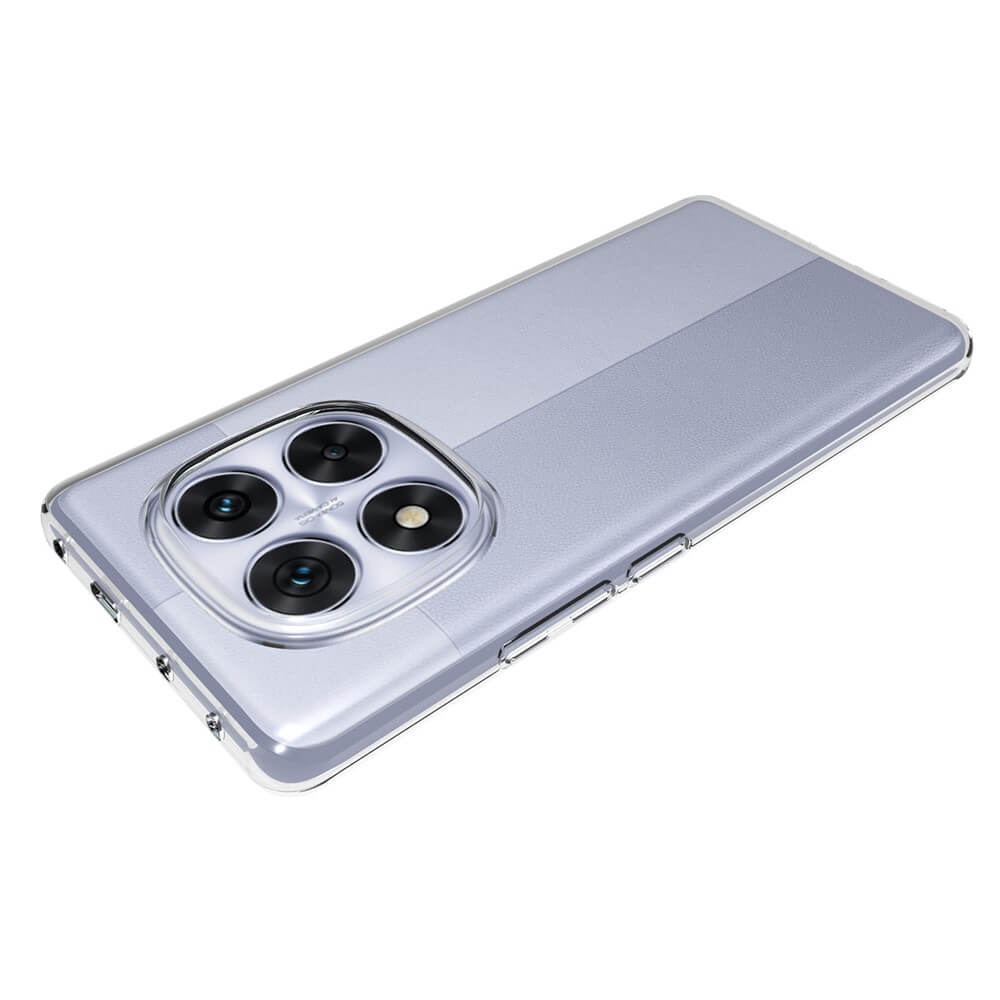 Das silberne Xiaomi Redmi Note 14 Pro 5G im transparenten Silikon-Gummi-Case von Cover-Discount mit Anti-Fingerabdruck-Schutz und vier Rückkameras ist von hinten abgebildet.