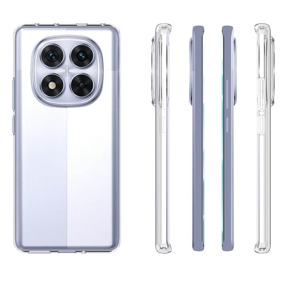 Das transparente Silikon-Gummi-Case von Cover-Discount für Xiaomi Redmi Note 14 Pro 5G / Poco X7 wird von hinten und von den Seiten gezeigt und hebt die Kameras, das schlanke Profil und den Antifingerabdruck-Schutz hervor.