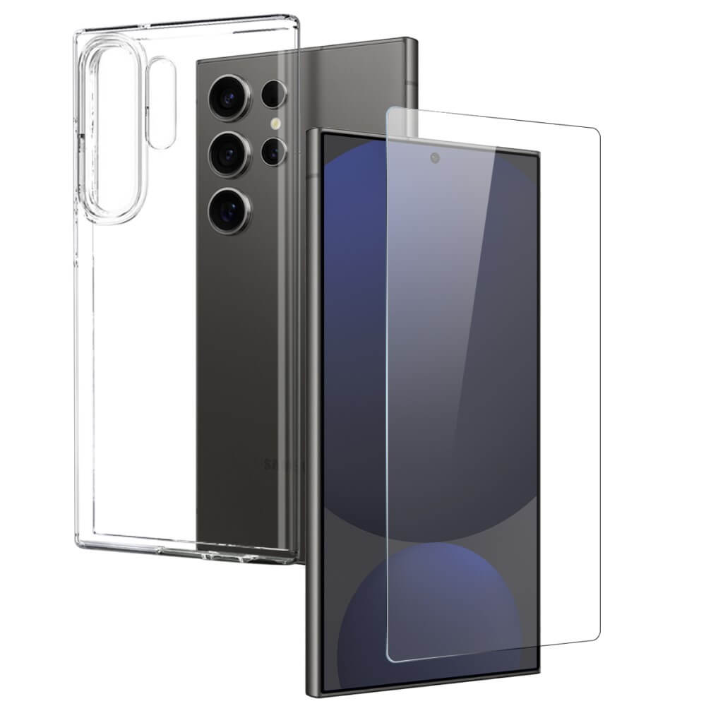 Das NORTHJO Galaxy S25 Ultra Set, inklusive Handyhülle und Panzerglas Displayschutz, wird mit einem modernen Smartphone auf weißem Hintergrund abgebildet.