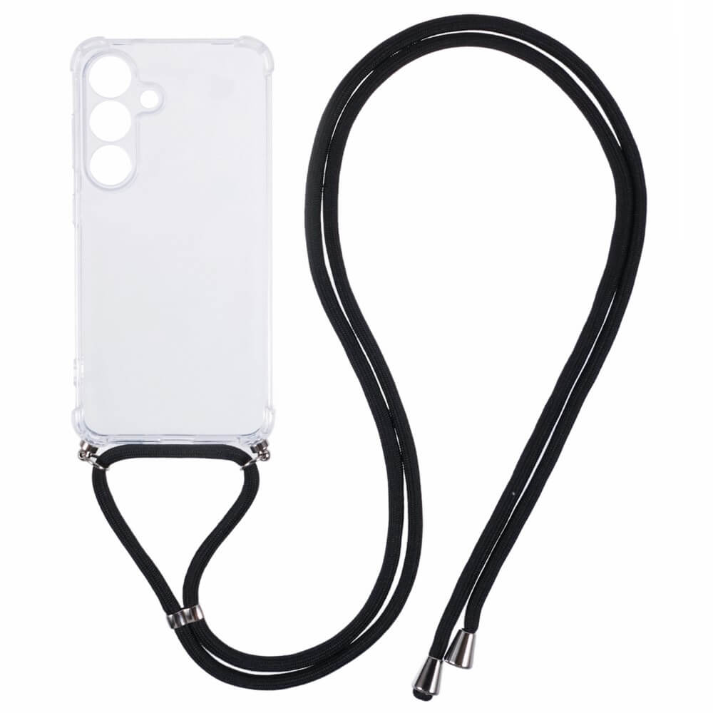 Die Galaxy S25 – Hülle mit Umhängeband von Cover-Discount ist eine durchsichtige TPU-Telefonhülle mit einem langen schwarzen Umhängeband zum Tragen um den Hals.