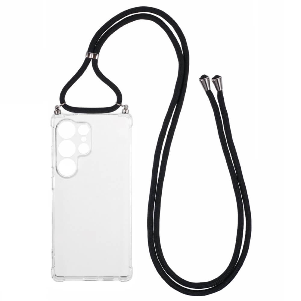 Die Cover-Discount Galaxy S25 Ultra - Hülle mit Umhängeband bietet ein transparentes TPU-Design und praktisches schwarzes Umhängeband, ideal für bequemes, freihändiges Tragen.