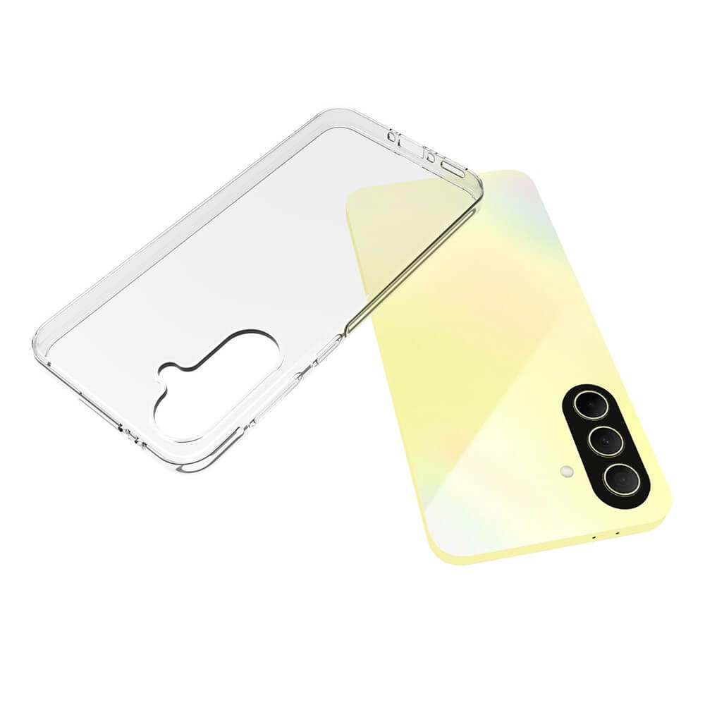 Eine transparente Silikon-Gummi-Hülle von Cover-Discount ist auf einem gelben Galaxy A36 5G mit dreifacher Rückkamera vor einem weißen Hintergrund zu sehen, um die Antifingerprint-Schutz-Funktion hervorzuheben.