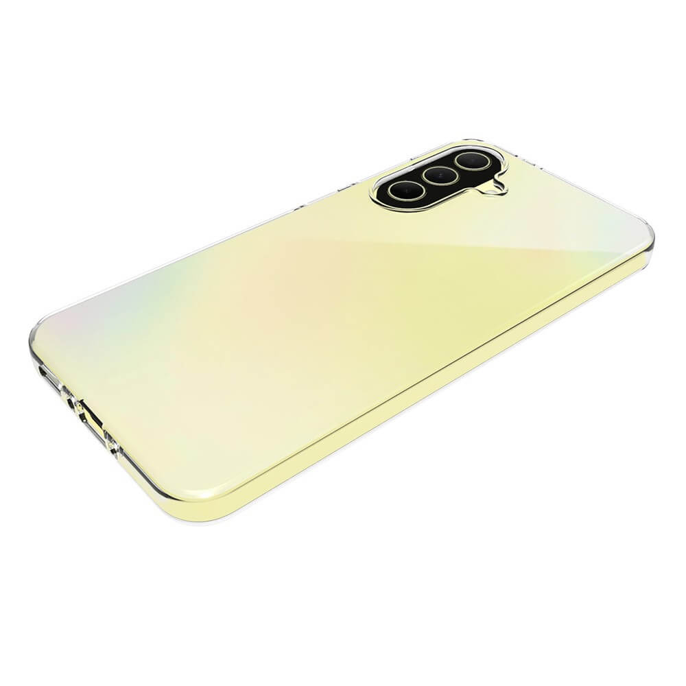 Das transparente Silikon-Gummi-Case von Cover-Discount für das Galaxy A36 5G verfügt über drei Kameraaussparungen und einen Anti-Fingerabdruck-Schutz auf weißem Hintergrund.